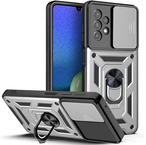UPLAI Coque pour Samsung Galaxy A53 5G, Très Mince Antichoc Armure Silicone Housse avec Glisser Caméra Cover et Magnétique Anneau Support, PC+TPU Durable Étui.Argenté
