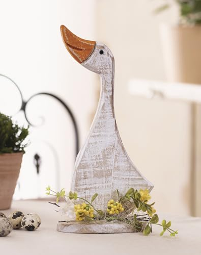 Dekofigur Frühlingsgans aus Holz, weiß im Shabby Look, 29 cm hoch, Frühlingsdeko, Osterdeko, Holzdeko Gans