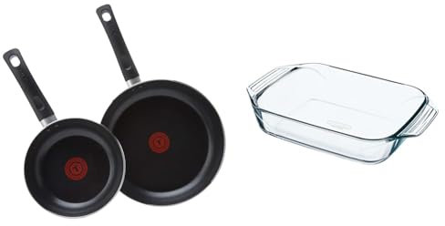 Tefal Taste Twin Pack, Aluminium Frying Pans, Pan Set, Pans 20 cm and 28 cm diameter, Non-Stick, Black, Pack of 2, B189S244 & Pyrex Optimum Glass Rectangular Roaster High Resistance Easy Grip 31x20 cm