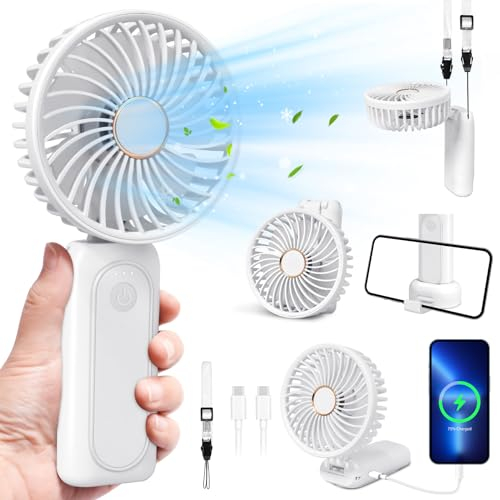 Ventiladores Portatil de Mano con Powerbank, Ventilador USB Recargable Pequeño con 3 Velocidadess, Mini Ventilador de Cuello Silencioso, Ajustables Ventilador de Escritorio Plegable para Hogar Viajes