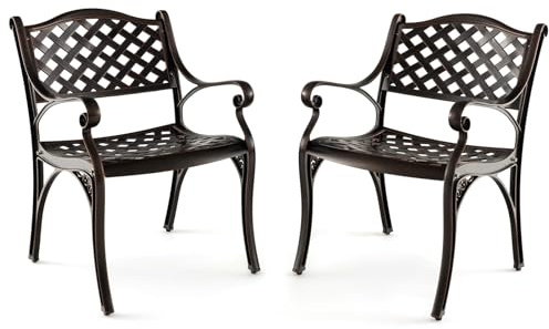 GOPLUS 2 PCS Chaises de Jardin Exterieur en Fonte d'Aluminium, Siège Incurvé et Large, Fauteuil de Jardin, Design Ajouré, Charge 150KG, pour Terrasse, Patio, Cour (Bronze,2 * 60x56,5x82-Croix)