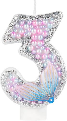 Mermaid Tail Birthday Candles, Sparkler 3rd Birthday Candles, Pink Number 3 Candle for Cake, Macaron Pink Candle Cake Topper for Girls Boys Mermaid Themed 3rd Birthday Party Decorations Supplies