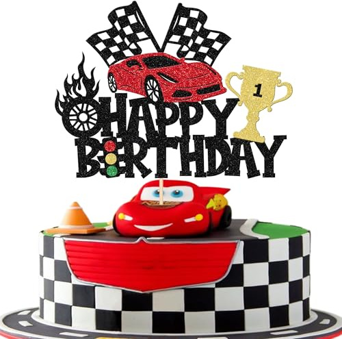 Xsstarmi 1 Pack Race Car Happy Birthday Cake Topper Glitter Traffic Light Wheel Trophy Flag Racing Car Cake Pick for Let's Go Racing Theme Baby Shower Kids Boys Girls Birthday Party Cake Decorations