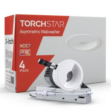 TORCHSTAR 3 Inch 5CCT LED Asymmetric Wallwasher Recessed Lights with J-Box, 35° Ultra-Narrow Trim Recessed Ceiling Spotlight, IC Rated, Dimmable, Anti-Glare, CRI90, 2700-5000K, ETL FCC, Pack of 4