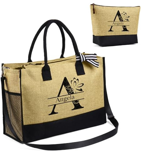 Personalisierte Damen Tote Bag mit Namen Große Tragetasche Strandtasche Einkaufstasche Mit Reißverschluss Geschenk für Damen Weihnachten Geburtstag Muttertag Hochzeit (D)
