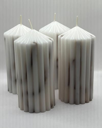 Løgum Kloster dänische Blockkerze Stumpenkerze ohne Duft 4-er Set mit Rillen Brenndauer ca. 39 Std., Sondergrößen ca. 50 Std (marmoriert weiß-braun 5,8x12cm)