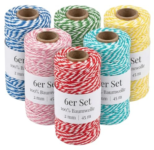 MIJOMA Set di 6 spago Bakers Twine – 6 x 45 m cordoncino decorativo in cotone, spessore 2 mm, nastro regalo in 6 colori, ideale per imballare, fai da te e decorazioni
