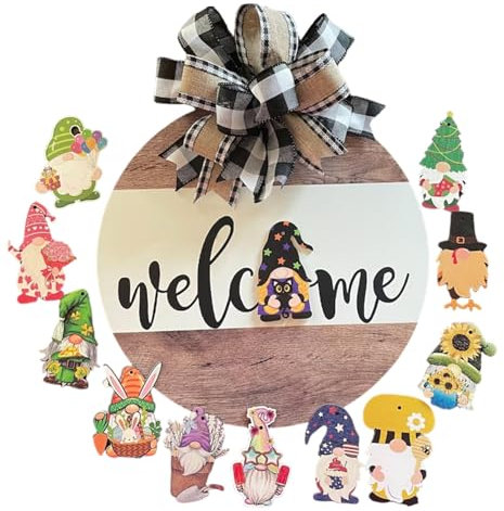 Austauschbarer saisonaler Gnom 12 Zoll Home Sweet GNOME Willkommensschild für die Haustür Holz-Gnom-Türhänger Bauernhaus-Wandschild Gnom KhE786 (Brown, 30x30x3cm)