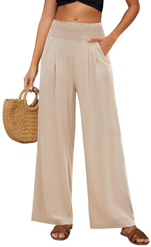 PASUDA Leinenhose Damen Sommer Hose Weites Bein Baumwolle Leinen Sommerhose Lang Elastisch Hohe Taille Freizeithose Strandhose Leichte Loose Boho Hosen mit Taschen Bequeme Stoffhose (Khaki, XL)