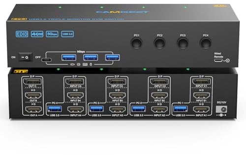 KVM Switch 3 Monitore 4 PC 4K@60Hz, 2 HDMI+Displayport KVM Switch Triple Monitor für 4 PC Share 3 Monitor und 4 USB3.0 Port Tastatur Maus Drucker,EDID-Simulation,4 USB Kabel enthalten