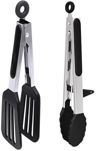 2 Pack Kitchen Tongs Silicone with Resting Gadget, Stainless Steel Non-Slip Handle for Baking, Frying, Steak, Serving, Buffet, Barbecue, Pizza, Salad - 9