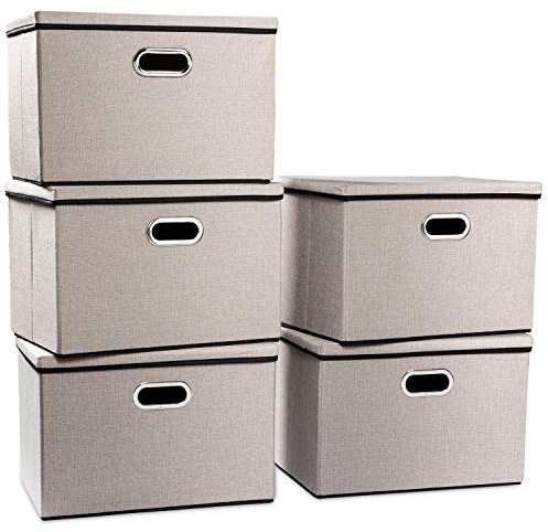 Prandom Large Storage Boxes with Lids,Foldable43x30x30cm,Light Grey5-Pack | Stackable,With handle,Linen material,Decorative Bins,Really Useful Box,Clothing Storage,For bedroom living room wardrobe