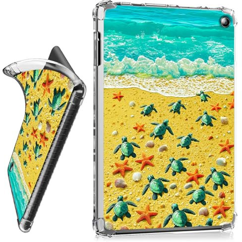 RWUTYTIUL for Amazon Kindle Fire HD 10 & 10 Plus (11th Generation, 2021) 10.1 Clear Tablet Case, Transparent Shockproof Protective Shell Lightweight TPU Accessories Cover Women Man, Beach Turtle