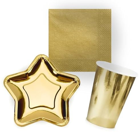Set de Fiesta Dorado 44 uds, Platos 23 cm en Forma de Estrella 12 uds, Vasos 12 uds y Servilletas 20 uds, Decoración para Celebraciones