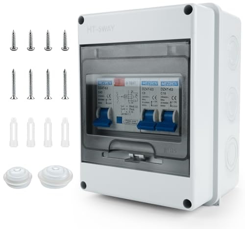 Sicherungskasten Aufputz 2 Wege IP65, FI Schutzschalter (RCD), Verteilerkasten Aufputz, 63A Verteiler für Wohnwagen/Garagen/Werkstätten/Villen, 3x16A + 20A + 32A Anschlüsse