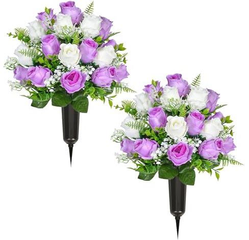 ZOCOYUU Künstliche Friedhofsblumen, 43 cm, violett, lila, weiße Rosen, 2