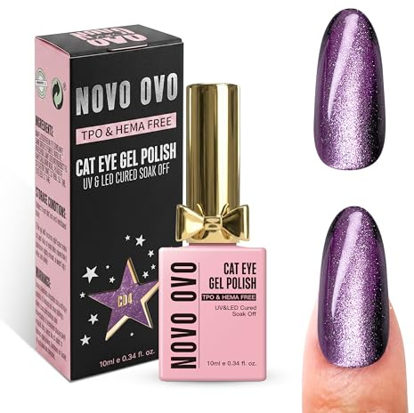 NOVO OVO Cat Eye Glitter Gel Nail Polish, C04_Mystic Violet(royal purple and deep violet), TPO & HEMA Free, Salon Effect Holographic Magnetic Shimmer, Soak Off UV LED for DIY Nail Art 10ml