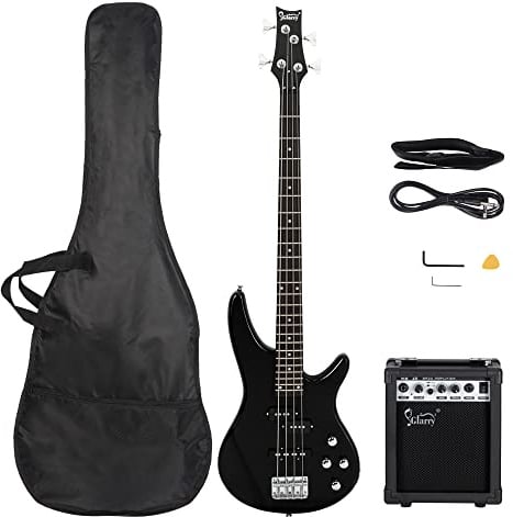 Bonnlo 4 String Full Size Electric Bass Guitar Beginner Kit with 20W Amp, Gig Bag, Strap, Pick and Cable, Black