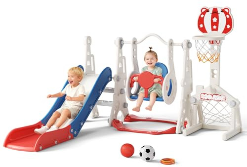 6 in 1 Scivolo Autoportante per Bambini Scivolo Giocattolo con Canestro da Basket e Altalena per Interni ed Esterni Bambini Scivolo da Giardino in Plastica PP e PE für 1 Jahr und Mehr (Blu/Rosso)