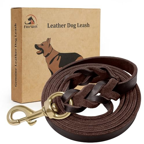 fairwin geflochten Leder Hund Leine 6 ft – K9 Walking Training führt für Deutscher Schäferhund, L:3/4 x5.6ft, braun