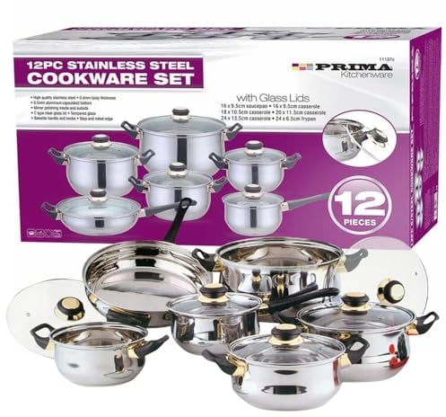 12PC Cookware Set - Saucepan, Frying Pan Pot & Casserole Stainless Steel Cookware | Non Stick, Kitchenware, Glass Lids, | Strong Quality, Long Lasting & Durable (12 Piece Cookware Set)