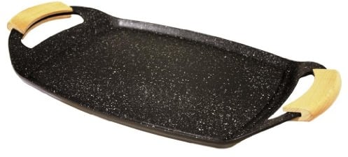 Baumalu, Plancha en Fonte d'Aluminium 485 x 285 x 37 cm, Coloris Moucheté Imitation Pierre, Poignées en Bois, Compatible Tous Feux & Induction, Idéale pour Barbecue et Cuisine