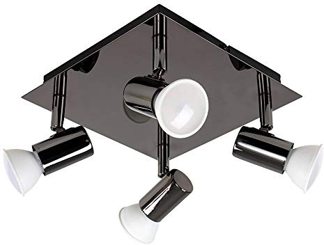 MiniSun | Modern Black Chrome Square Plate 4 Way Ceiling Spotlight | Ceiling Spots, Home Décor & Improvement Essential | Includes Bulbs [Cool White] | Mains Wired