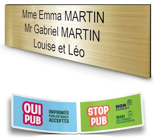 DECOHO - Plaque boîte aux lettres personnalisée adhésive - plastique 1,6 mm - or brossé, 3 lignes, stickers Stop Pub offerts, 100x25 mm - Or