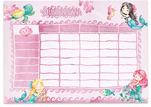 Papierdrachen Stundenplan DIN A4 Block - Motiv Meerjungfrau - beschreibbar Schule oder Uni - Terminkalender und Wochenplan für Kinder