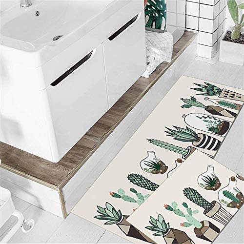 WGOO Carpet Tappeti Cucina Lavabile Antiscivolo Design Tappeto da Cucina,2PCS Cactus in Vaso Stampa 6MM Spessore Tappeto da Bagno,40X60+40X120CM