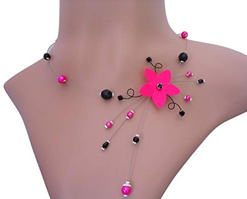 Collier rose fuschia et noir, parure bijoux fushia mariage