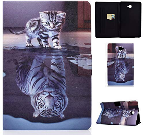 Succtop Coque pour Samsung Tab A6 Etui de Cuir PU Portefeuille Fente pour Carte Flip Housse avec Fonction de Veille/Réveil Auto pour Samsung Galaxy Tab A 2016 10.1 Pouce SM-T580/SM-T585 Chat et Tigre