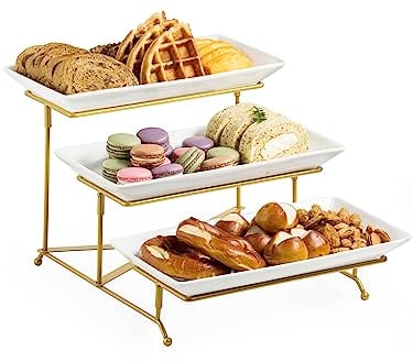 LAUCHUH 3 Tier Serving Stand Porcelain Serving Platter Tier Serving Trays with Collapsible Sturdier Rack, Serving Dishes and Platters for Valentine's Day, Christmas, Entertaining, Gold, 12 Inch