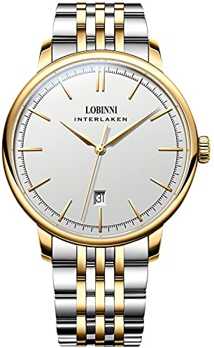 Lobinni Herren-Armbanduhr, modisch, modisch, Business, lässig, automatisch, mechanisch, Edelstahl, Kalenderuhr