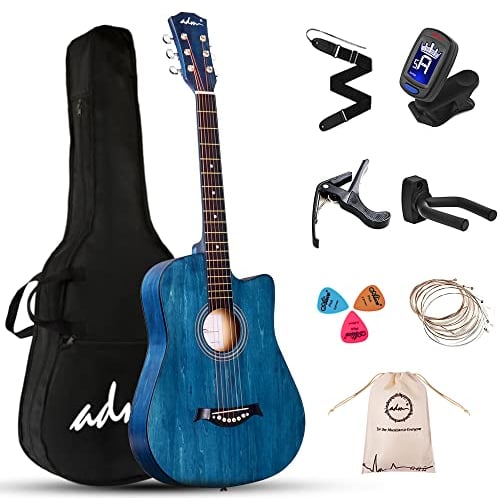 AMD Guitarra Acústica para Principiantes de 38 Pulgadas de Color Azul, kit para Niños y Adultos con Bolsa, Afinador, Colgador de Guitarra, Correa, Púas, Capo, Cuerdas Extras de Acero