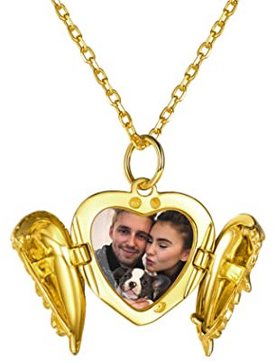 PROSILVER personalisiert Foto Amulett zum öffnen mit Kette 925 Silber Herz Flügel Medaillon 18k vergoldet Herzanhänger mit Rolokette Floating Locket Schmuck für Mutter Familie