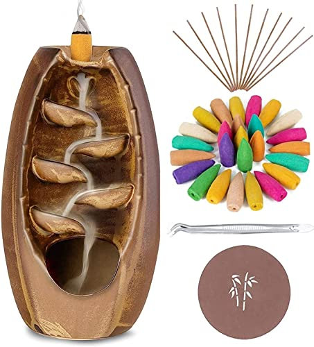 Anbar Backflow Incense Burner with 120 Cones, 30 Sticks, Tongs, and Table Mat, Natural Aromatherapy with Ceramic Smoke Waterfall, Supports Meditation and Relaxation, Home Decor (Brown)