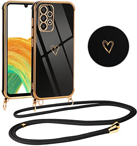 Vauki Coque pour Samsung Galaxy A33 5G avec Cordon de Collier, Galvanisé Etui Housse avec Motif Coeur d'amour, Antichoc Anti-Rayures Case avec Bandoulière pour Samsung A33 5G 6.4, Nior