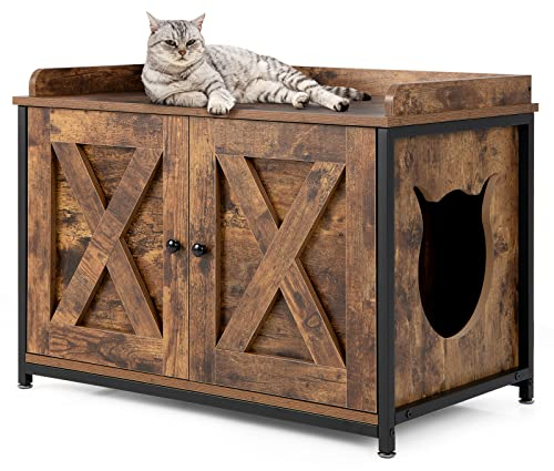 GYMAX Wooden Cat Litter Box Enclosure, Hidden Kitty Washroom Storage Cabinet with 2 Doors and Holes, Indoor Cat Houses End Table for Living Room, Bedroom & Hallway, Rustic Brown