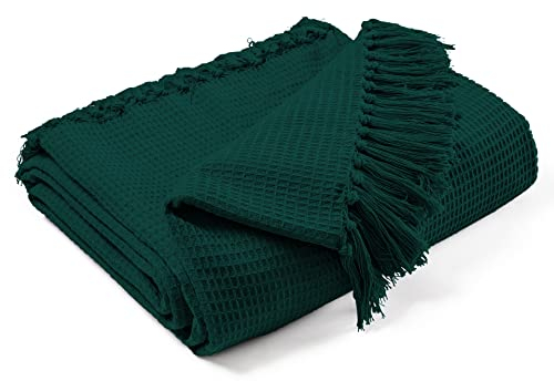EHC Waffle Cotton Woven King Size Sofa Throw 3 Seater Sofa/Chair/Double Bed, 225 x 250 cm, Dark Green