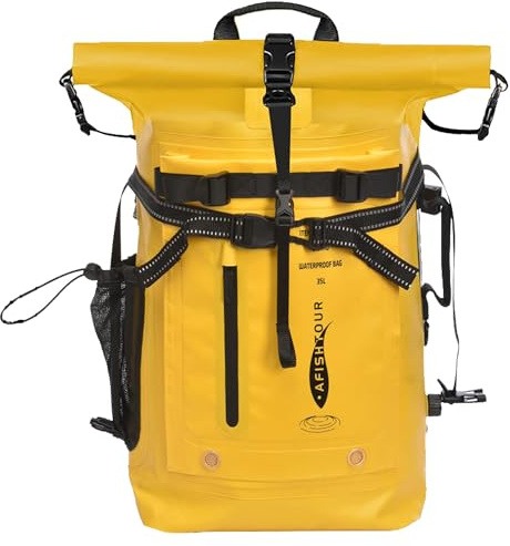 AFISHTOUR 35L Unisex Wasserdichter Rucksack Premium-Schwimm-Drybag mit Rollverschluss Ideal für Kajak, Rafting, Boot & Strand(Gelb)