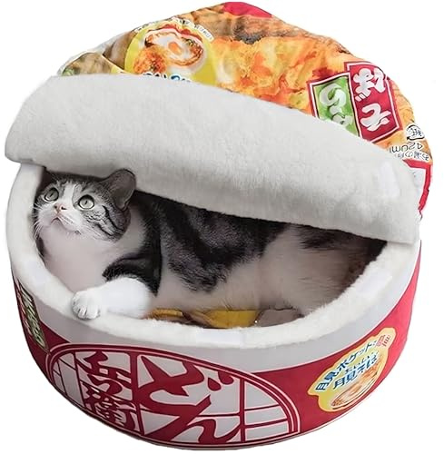 寵幸 Ramen Noodle Hunde- und Katzenbett, hält warm und super weich, kreatives Haustiernest für Hauskatzen, abnehmbares, waschbares Kissen für kleine, mittelgroße und große Hunde und Katzen