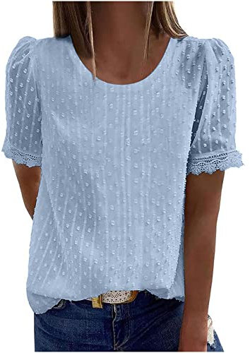 AMhomely Summer Chiffon Blouse for Women UK - Casual Round Neck Short Sleeve Lace T-Shirt - Solid Color Loose Pullover Elegant Tunic Top - Ladies Henley Basic Shirt