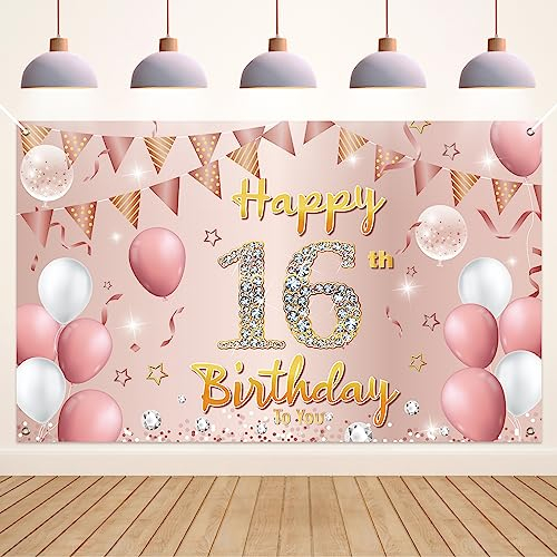 Koliphy 16. Geburtstag Deko, 16. Happy Birthday Banner für Jungen Mädchen, Rose Gold Stoff 16 Geburtstagsbanner Hintergrund Party Dekoration Drinnen und Draußen
