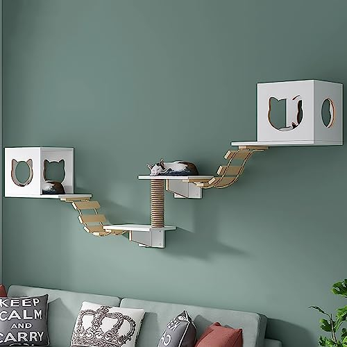 IMIDIA An Der Wand Montierte Katzen Kletterwand, Massivholz-katzenwandparkour, Katze Wandelement, Platzsparende DIY-Katzenkletterwand zum Klettern, Schlafen und Spielen (Size : S6-7PCS)
