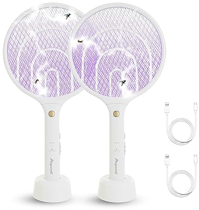 ASPECTEK Lot de 2 Raquettes Électriques Anti-Moustiques, 3000 V 1200 mAh Rechargeables avec Câble de Charge USB, Base Stable Contre Moucherons, Mouches et Insectes Volants