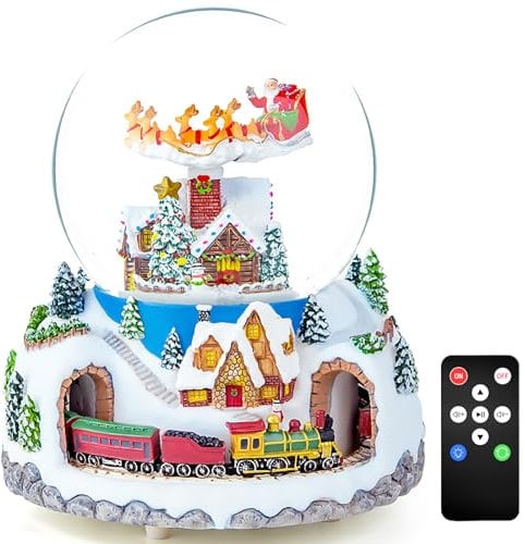 Christmas Music Box Snow Globe Gift, Musical Rotating Santa Claus with Train in Village Glitter Gifts for Wife Mom Girlfriend Daughter Son Granddaughter, Xmas Music Box Play 48 Christmas Songs