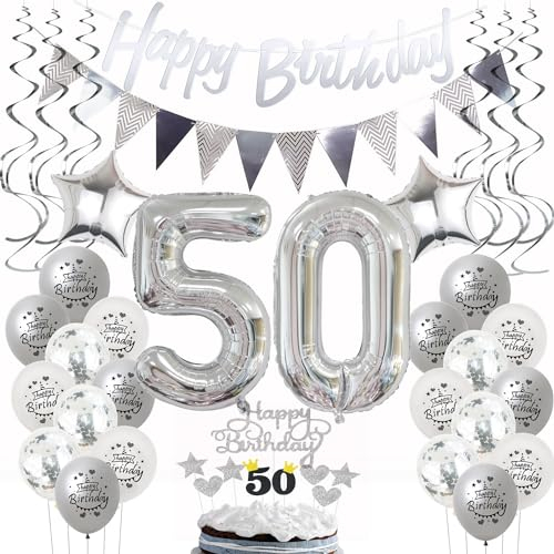 Silber Geburtstagsdeko 50 Jahre Frau Mann,ballon 50 Geburtstag Frauen Deko, Luftballons 50. Geburtstag Deko Frau silber,Party Deko 50. Geburtstag Männer Tortendeko 50 Geburtstag Frau Mann deko