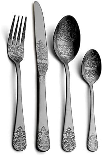 Vaisselle Couverts À Motif Vintage Argenterie 24 Pièces, Ustensiles en Acier Inoxydable Plaqué Or 18/10, Ensemble De Couverts pour 6 Personnes Service De Table Réutilisable,24cs Noir,Picturesque23