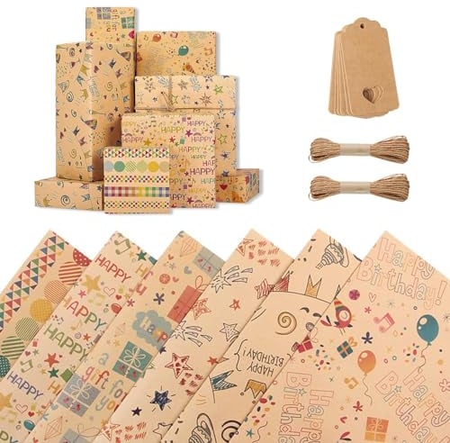 KOBOKO 6er Geschenkpapier Geburtstag,50*70cm Geschenkpapier Kinder,Musik Note Geschenkpapier mit Kraftpapieranhänger&TagSchnur,Geschenkpapier für Junge&Mädchen für Geschenktüten Verpackung Dekoration